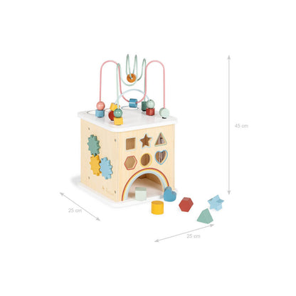 Multifunctionele houten activiteitenkubus met kralenbaan en vormenstoof, 45 cm hoog, in zachte regenboogkleuren.