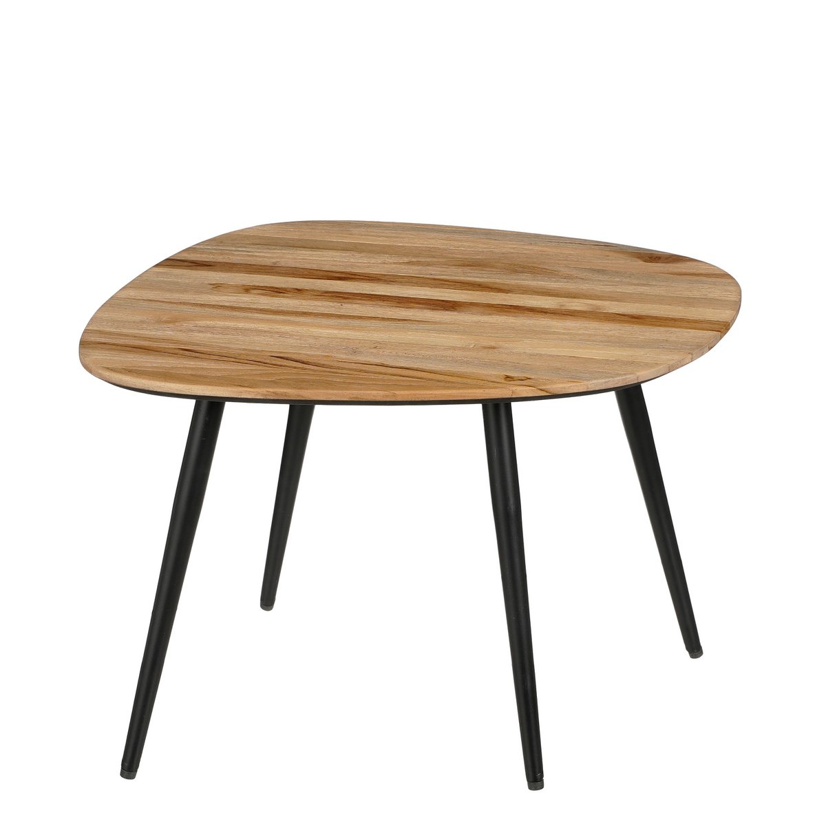 Kleine houten bijzettafel met zwarte poten weergegeven op witte achtergrond.