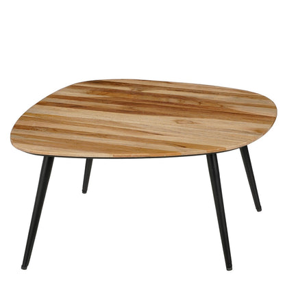  Middelgrote houten bijzettafel met afgeronde hoeken en zwarte poten.