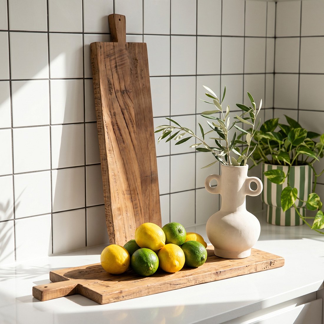 Houten borrelplank naturel 90 cm Farmwood in een keuken op wit aanrecht met vazen met planten en fruit