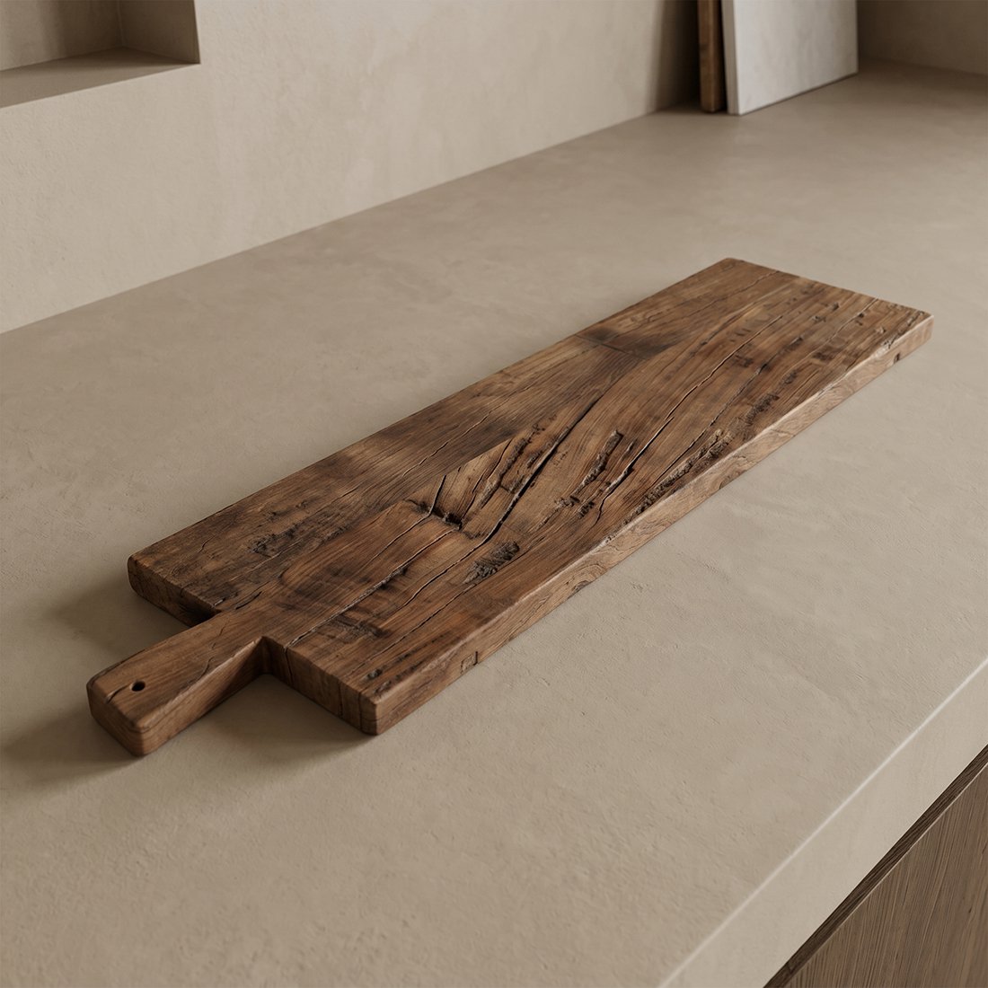 Houten borrelplank naturel 90 cm Farmwood op betonnen beige aanrecht