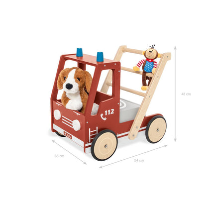 Houten baby walker brandweerwagen met duwstang en remsysteem