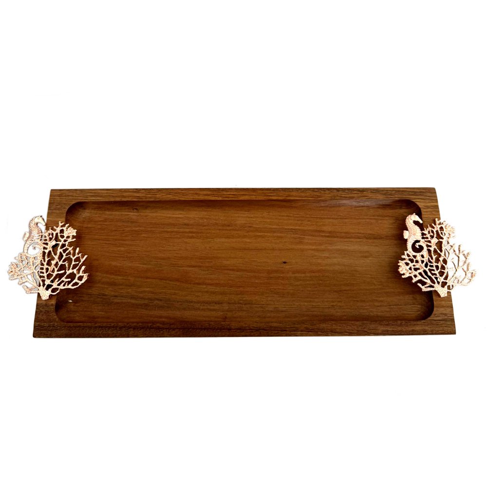 Houten dienblad rechthoek met roségouden handvatten 42 cm