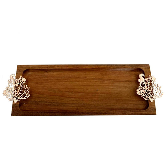 Houten dienblad rechthoek met roségouden handvatten 42 cm