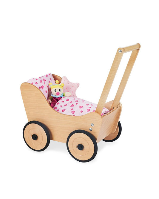 Houten poppenwagen Sarah met roze poppendekje op witte achtergrond