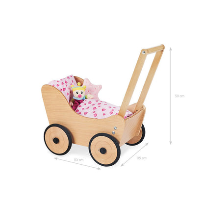 Detail van de houten poppenwagen Sarah met verstelbaar remsysteem en wielen