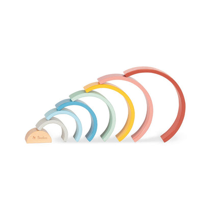 Pinolino houten regenboog met losse bogen in blauw, geel, roze en groen – duurzaam en creatief speelgoed.