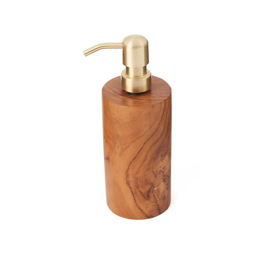 Houten zeepdispenser met goudkleurige pomp