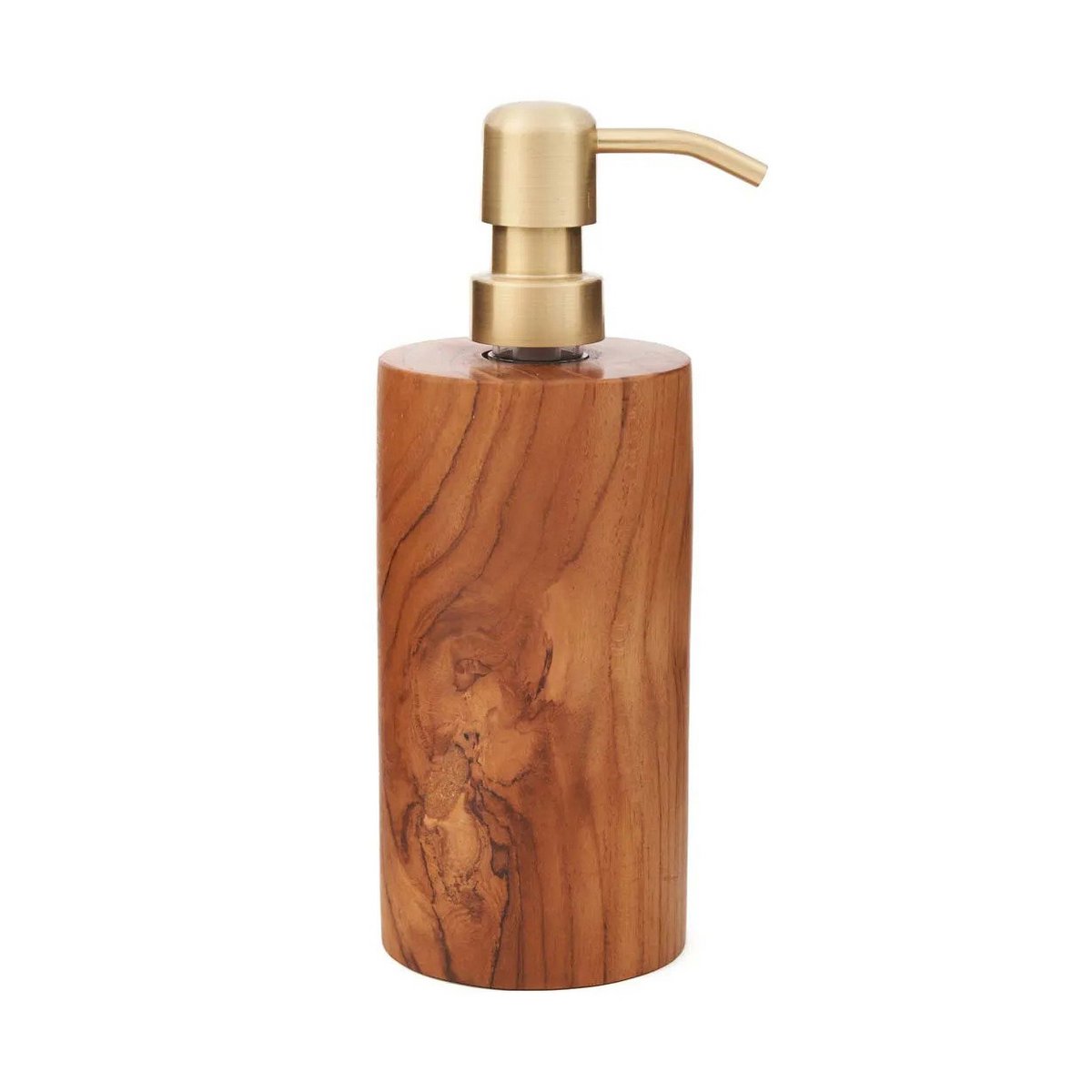 Houten zeepdispenser met goudkleurige pomp, gedraaid