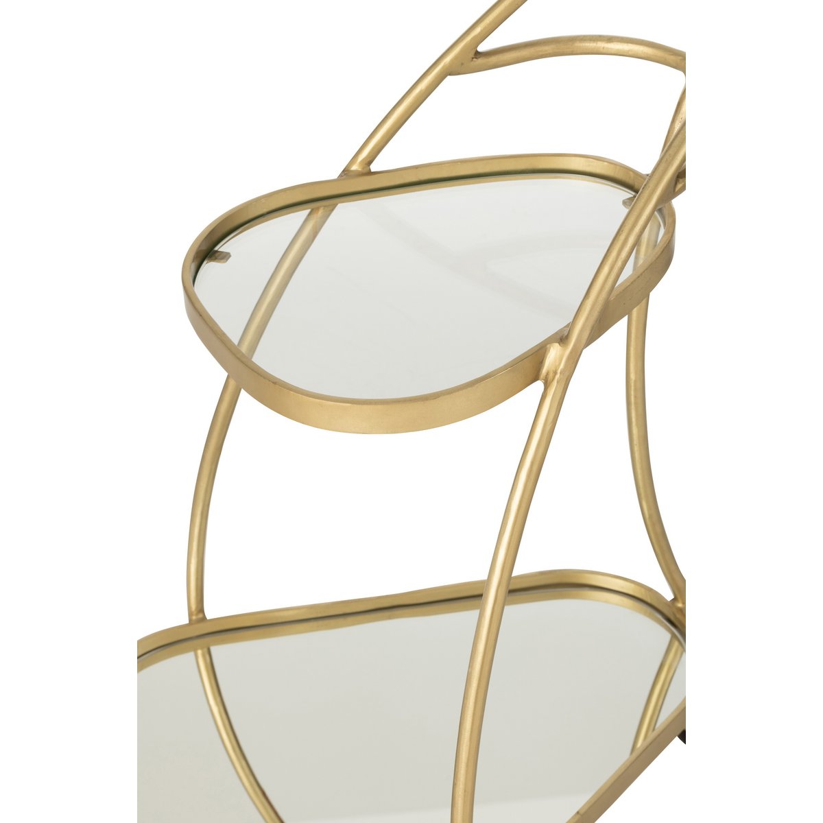 J-Line bar cart driehoekig goud close-up onderste spiegelblad, serveerwagen detail
