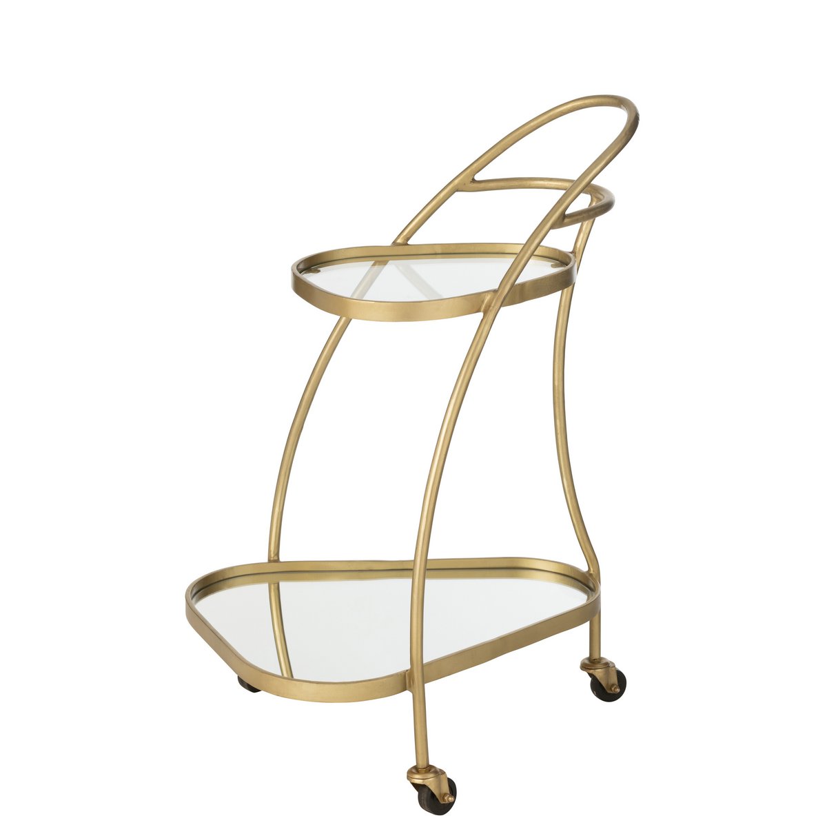 J-Line bar cart driehoekig goud met twee spiegelbladen en wieltjes, serveerwagen op wielen vooraanzicht