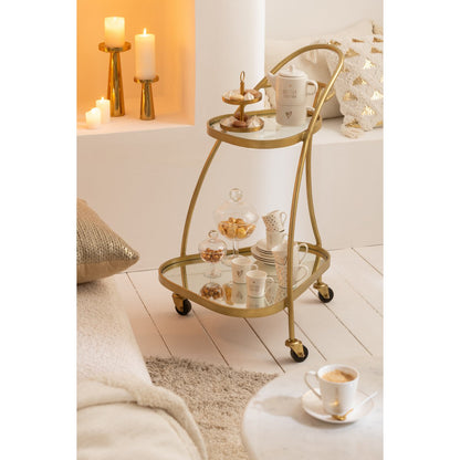 J-Line bar cart goud gestyled met kaarsen en servies, serveerwagen in goud met wit gestyled interieur