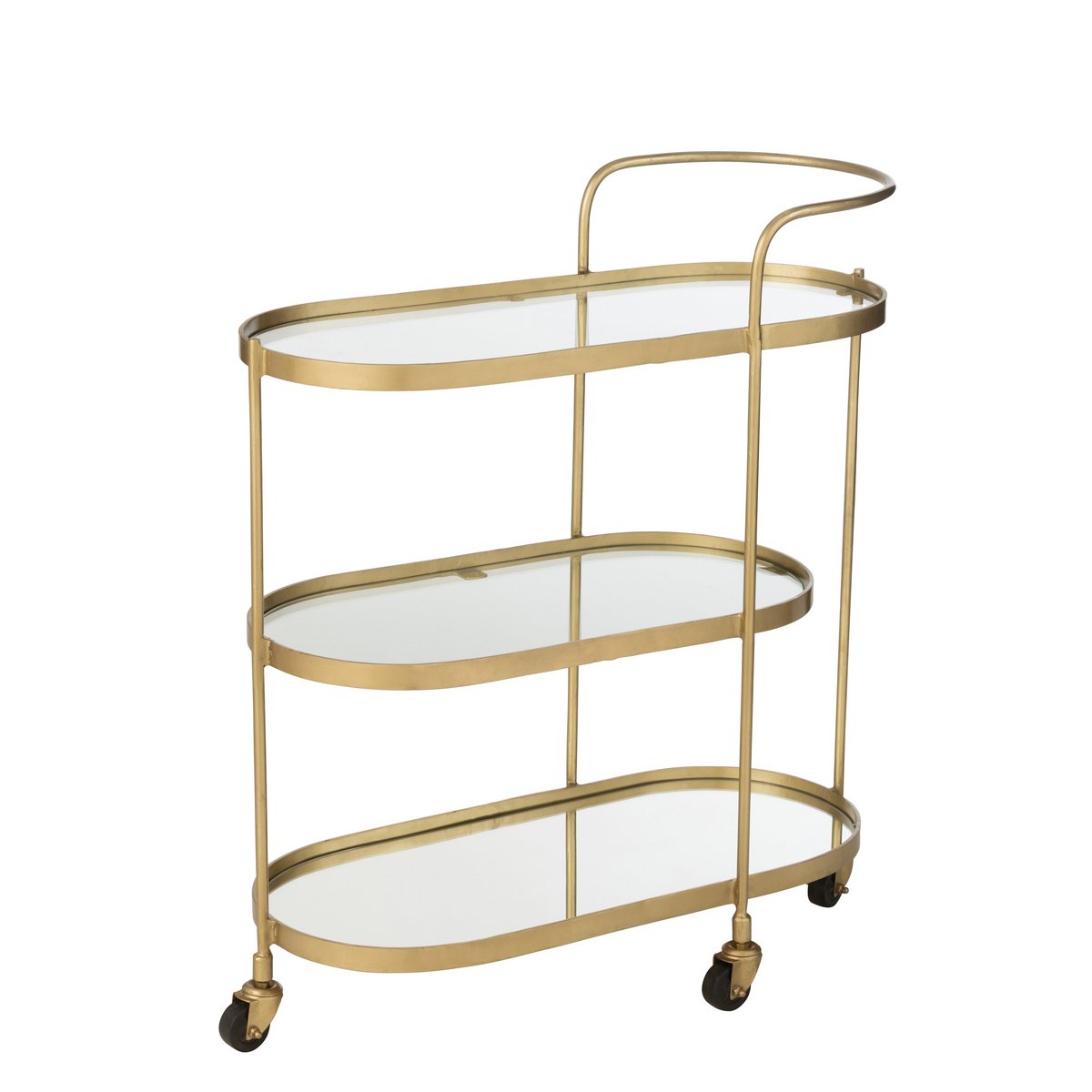 J-Line bar cart ovaal goud met drie spiegelbladen en wieltjes, serveerwagen op wielen vooraanzicht