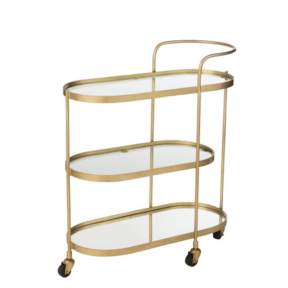 J-Line bar cart ovaal goud met drie spiegelbladen en wieltjes, serveerwagen op wielen vooraanzicht