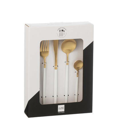 J-Line bestekset goud met witte handvatten in cadeaudoos, 24-delig voor 6 personen