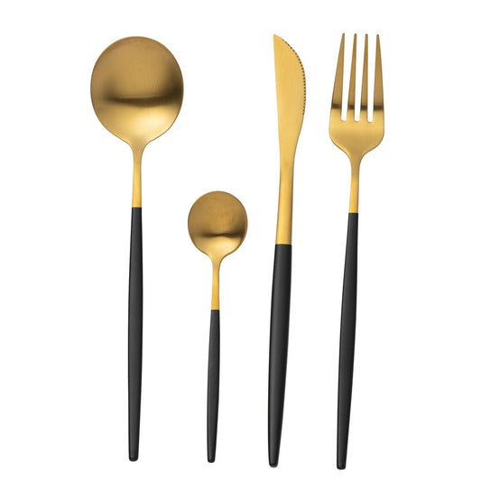 J-Line bestekset zwart goud 24-delig mat goud en zwart, lepel, vork, mes, en theelepel vooraanzicht