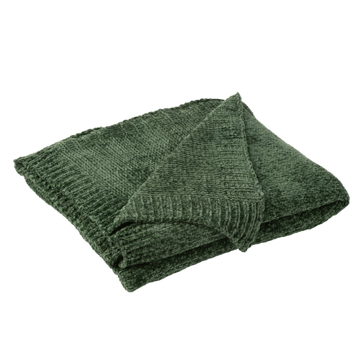 J-Line deken donkergroen 130x170 cm Chenille opgevouwen met een hoek terug geslagen