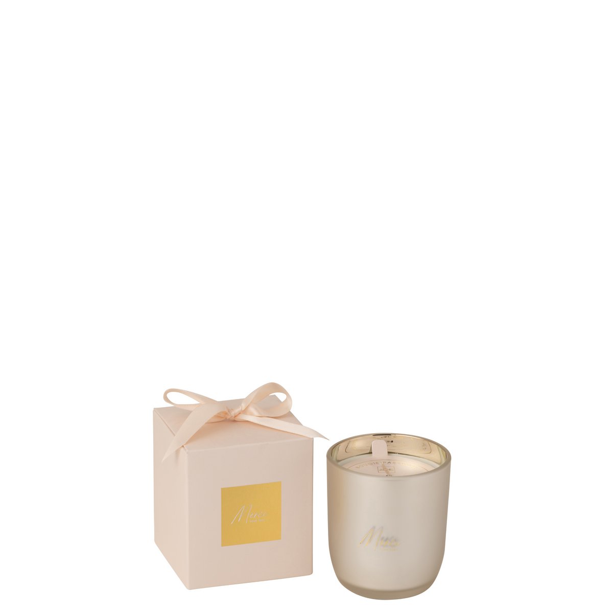 J-Line geurkaars beige glazen pot 10 cm Merci met de verpakking ernaast