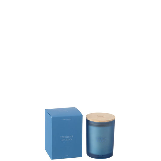 J-Line geurkaars blauw glazen pot zeebries 12,5 cm Accords Essentiels naast de verpakking