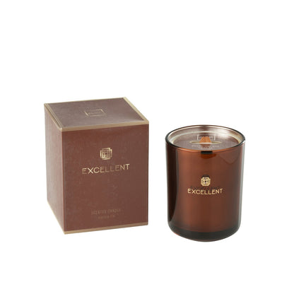 J-Line geurkaars bruin glazen pot den 14,2 cm naast de bruine verpakking