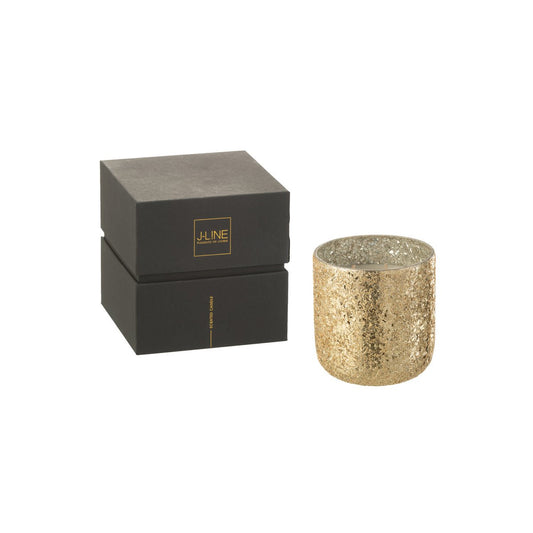 J-Line geurkaars goud glazen pot vanille 15 cm Luxuria naast de zwarte verpakking
