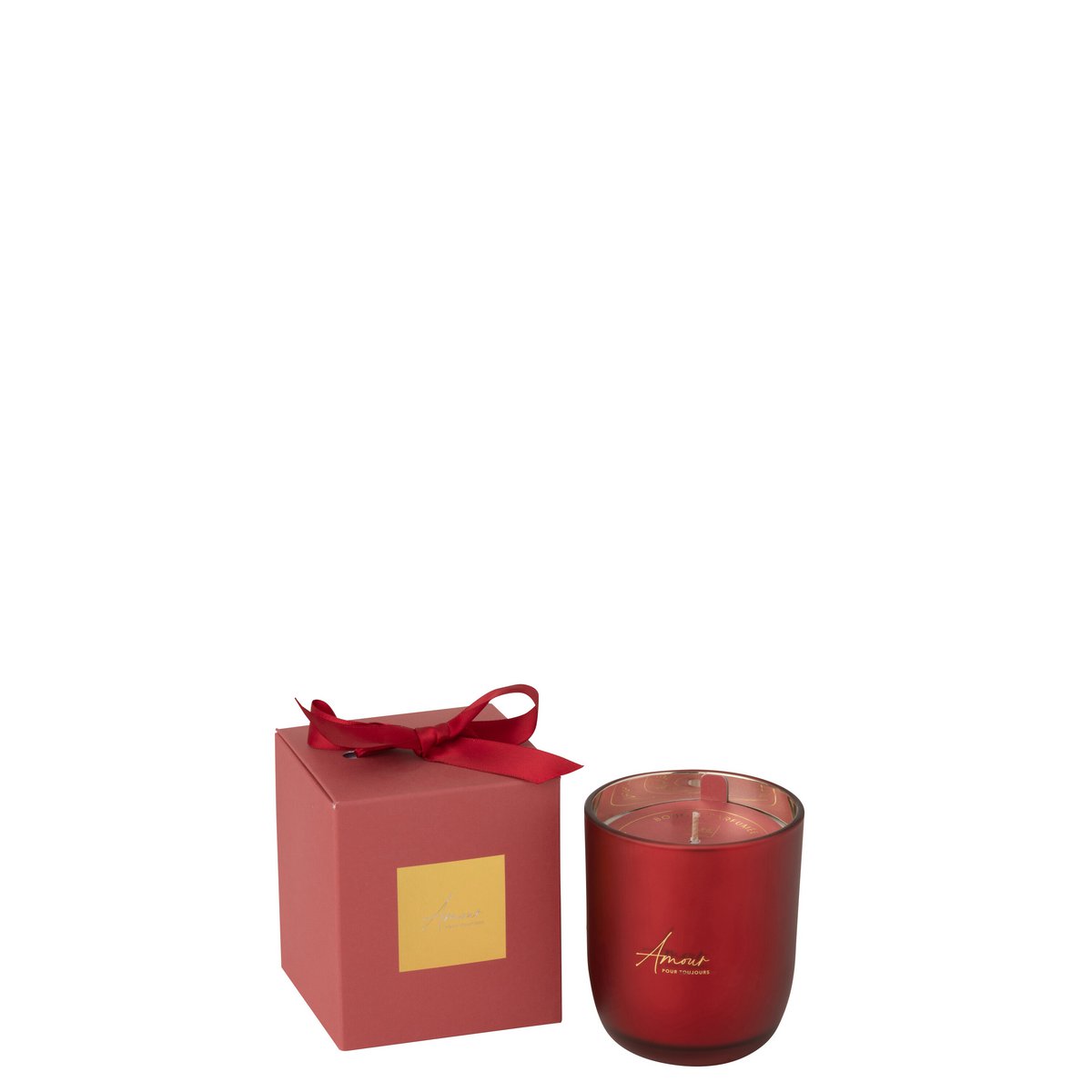 J-Line geurkaars rood glazen pot cadeau 10 cm naast de verpakking