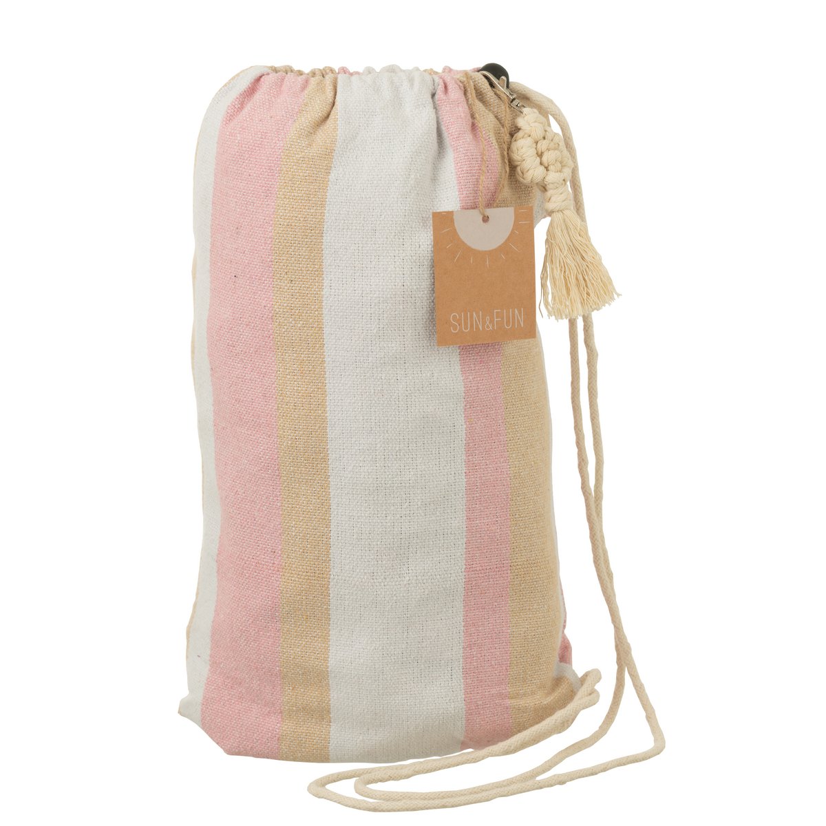 J-Line hangmat katoen beige gestreept 200 cm, in de tas met kaartje eraan
