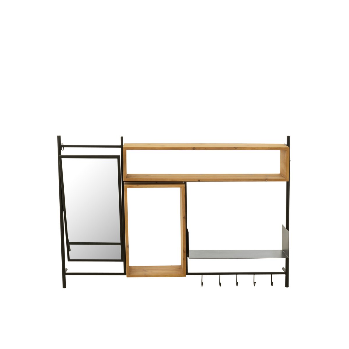 J-Line kapstok hout wand met spiegel Tina vanaf de voorzijde, op wit achtergrond. Met 5 haken.