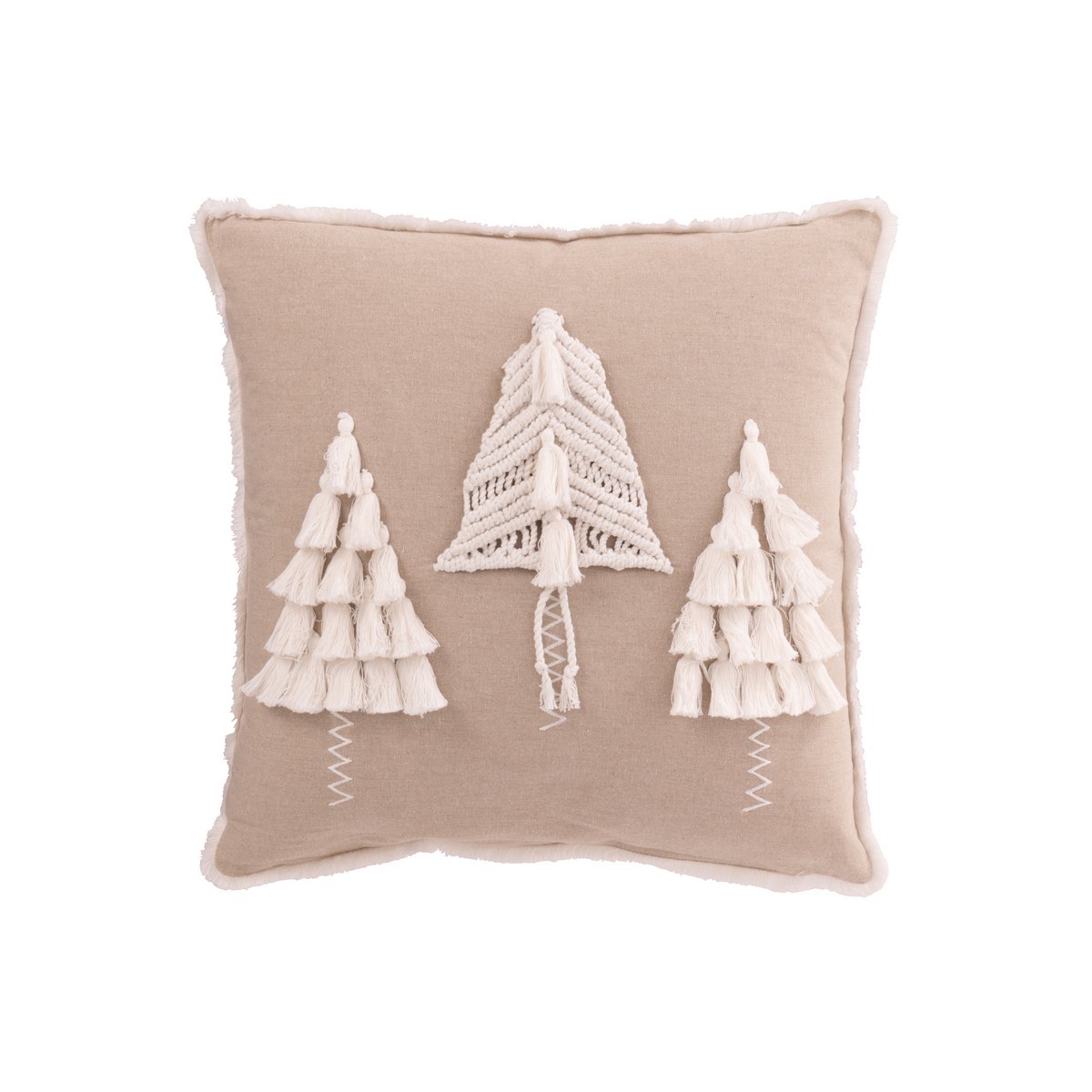 J-Line kerstkussen beige en wit met kwasten