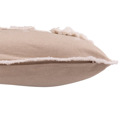 J-Line kerstkussen beige en wit met kwasten, detail van de rits en franjes aan de zijkant
