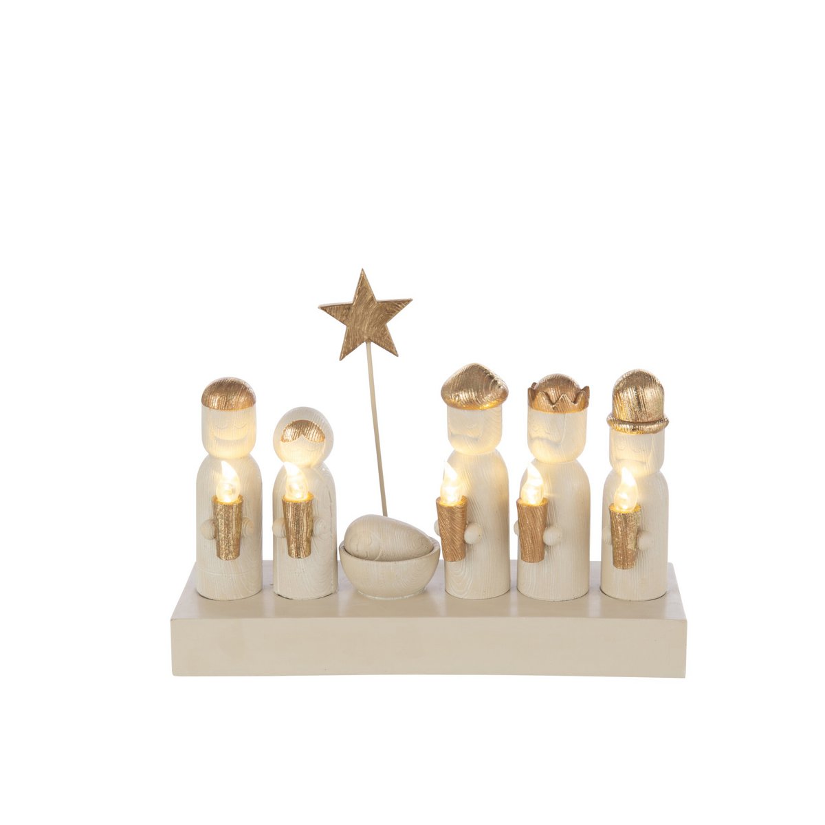 J-Line kerststal met verlichting goud en beige, met lampjes die aanstaan