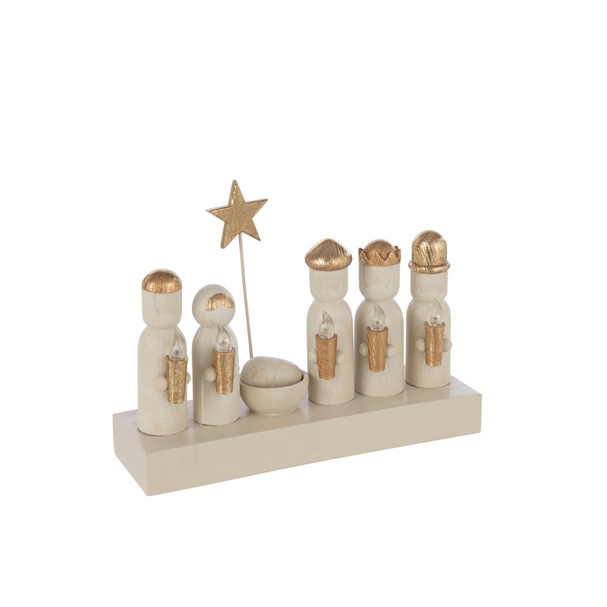 J-Line kerststal met verlichting goud en beige, schuin vanaf de zijkant
