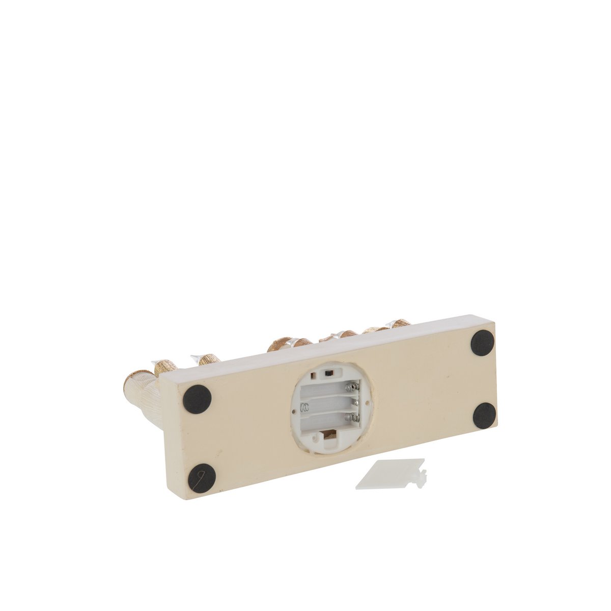 J-Line kerststal met verlichting goud en beige, vanaf de onderkant waar de batterijhouder zichtbaar