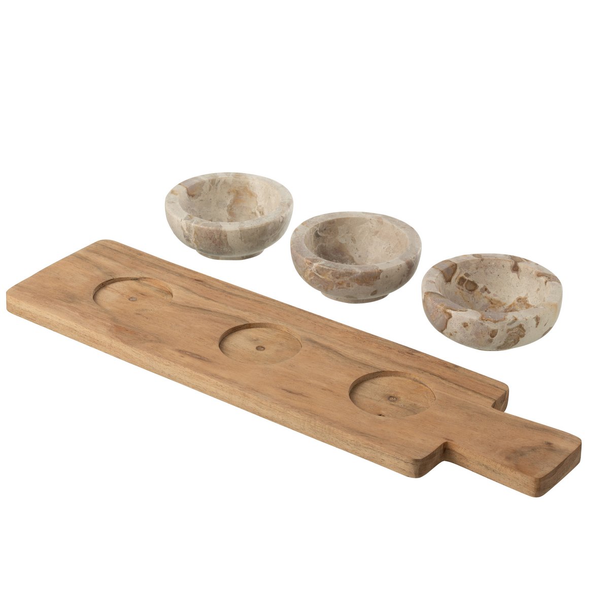J-Line kruidenset marmer hout met 3 schaaltjes, waarvan de drie schaaltjes er los boven hangen