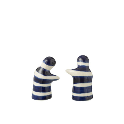 J-Line peper- en zoutstel keramiek wit blauw strepen los van elkaar op wit achtergrond van de achterzijde