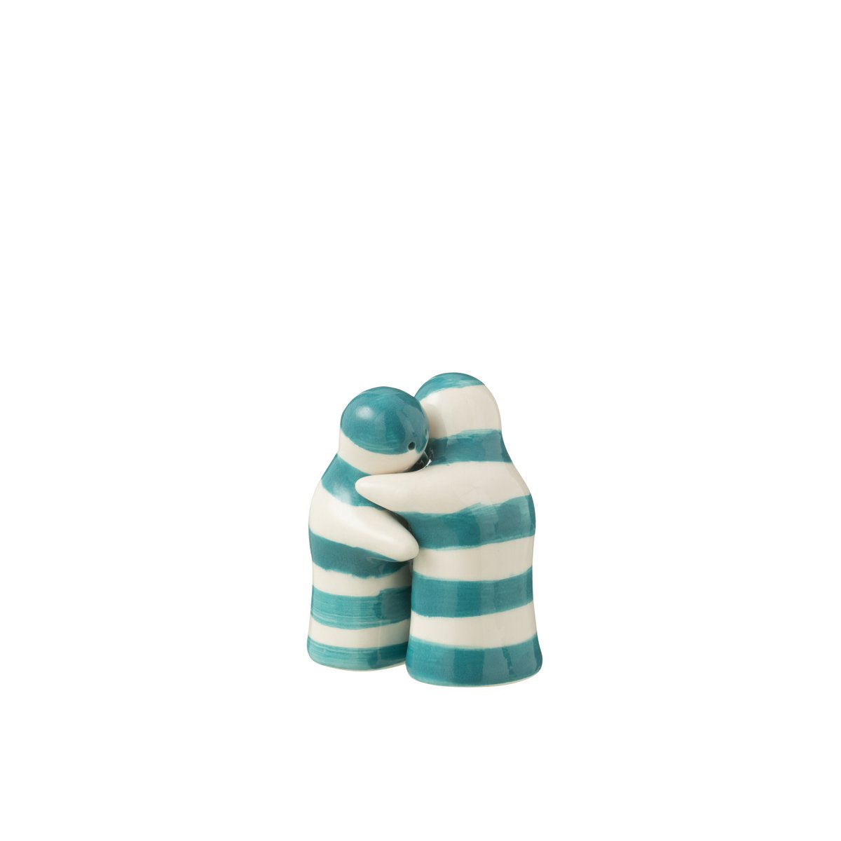 J-Line peper- en zoutstel keramiek wit blauwe of aqua strepen knuffelend op wit achtergrond