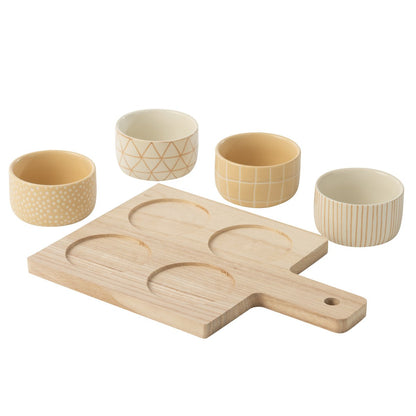 J-Line tapas schaaltjes keramiek beige set 4 met plank, 4 schaaltjes naast de serveerplank