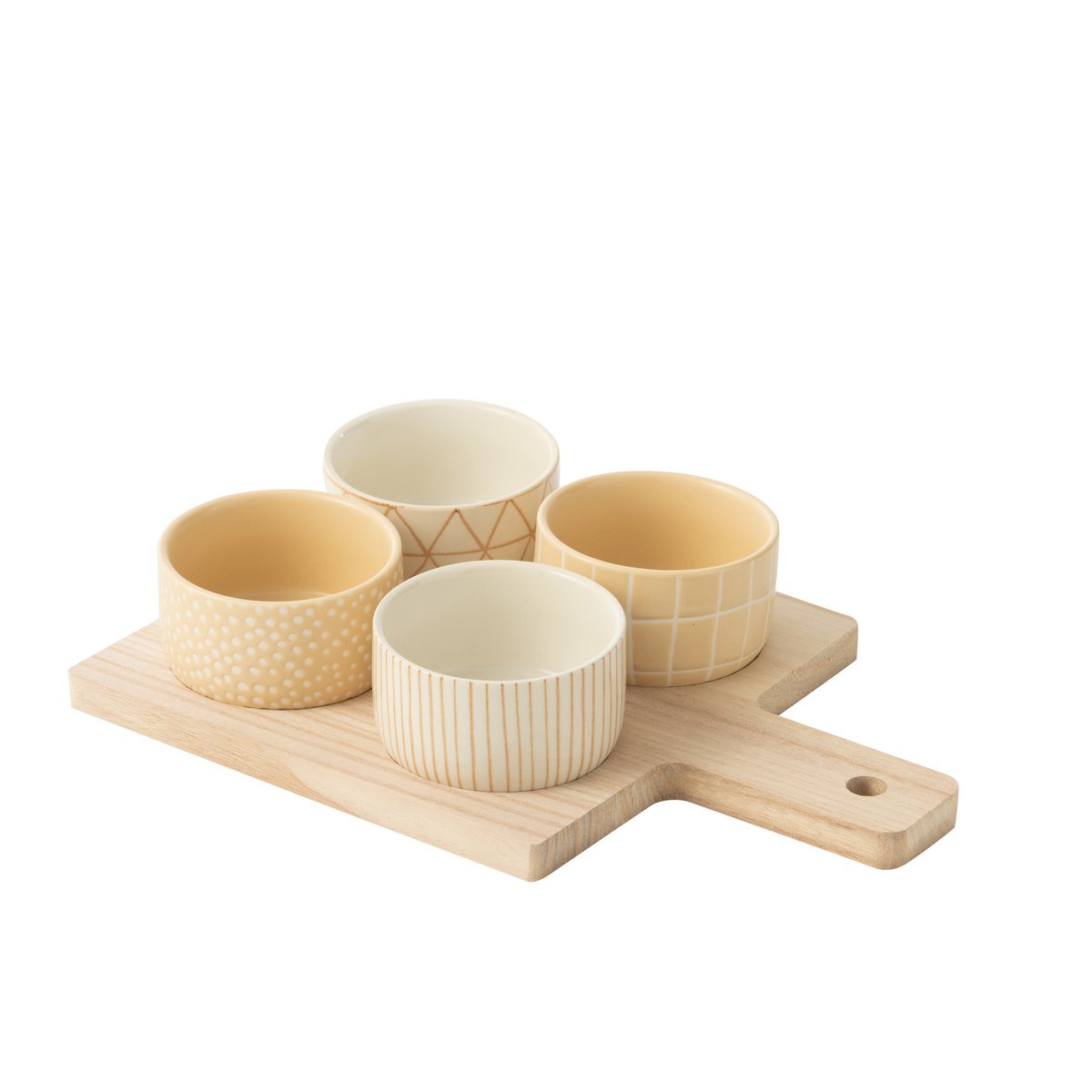 J-Line tapas schaaltjes keramiek beige set 4 met plank, 4 schaaltjes op de serveerplank