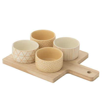 J-Line tapas schaaltjes keramiek beige set 4 met plank, 4 verschillende schaaltjes op de serveerplank