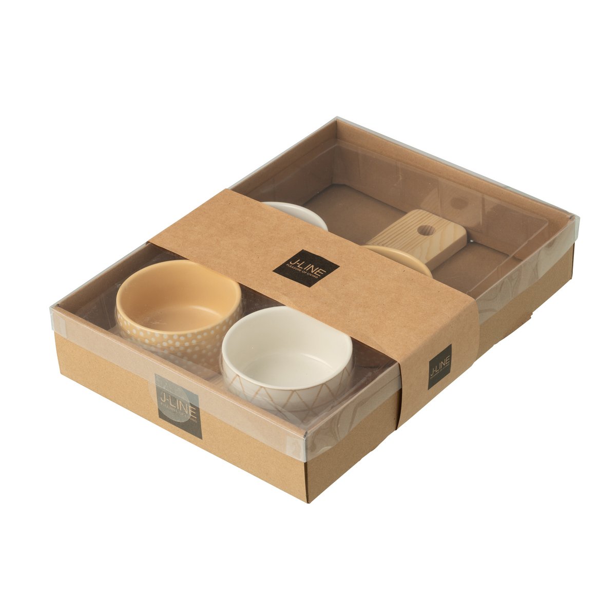 J-Line tapas schaaltjes keramiek beige set 4 met plank in een beige verpakking met doorzichtige bovenkant