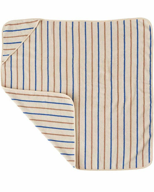 Beige badhanddoek met blauwe en bruine strepen – katoenen strandhanddoek met capuchon voor kinderen.