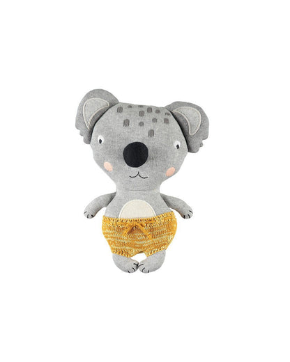 Baby knuffel Anton Koala van katoen met afneembare kleding op witte achtergrond