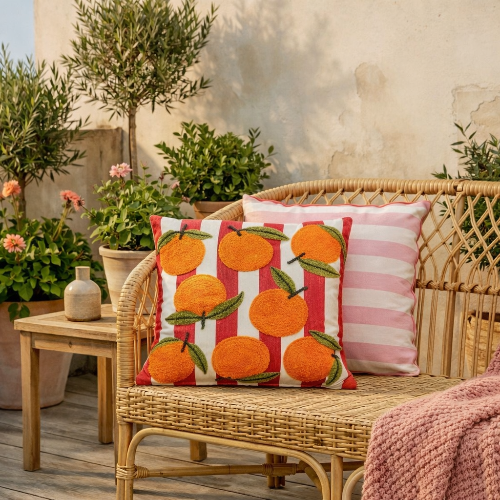 Katoenen sierkussen rood met sinaasappelprint 45x45 cm buiten in de tuin op een rotan bank met vrolijke kussens en plaids