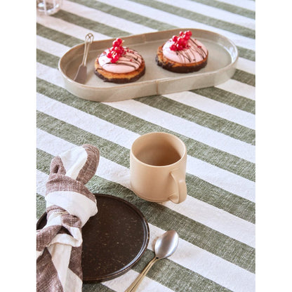 Katoenen tafelkleed bruin gestreept 200x140 cm met servies en cakejes 