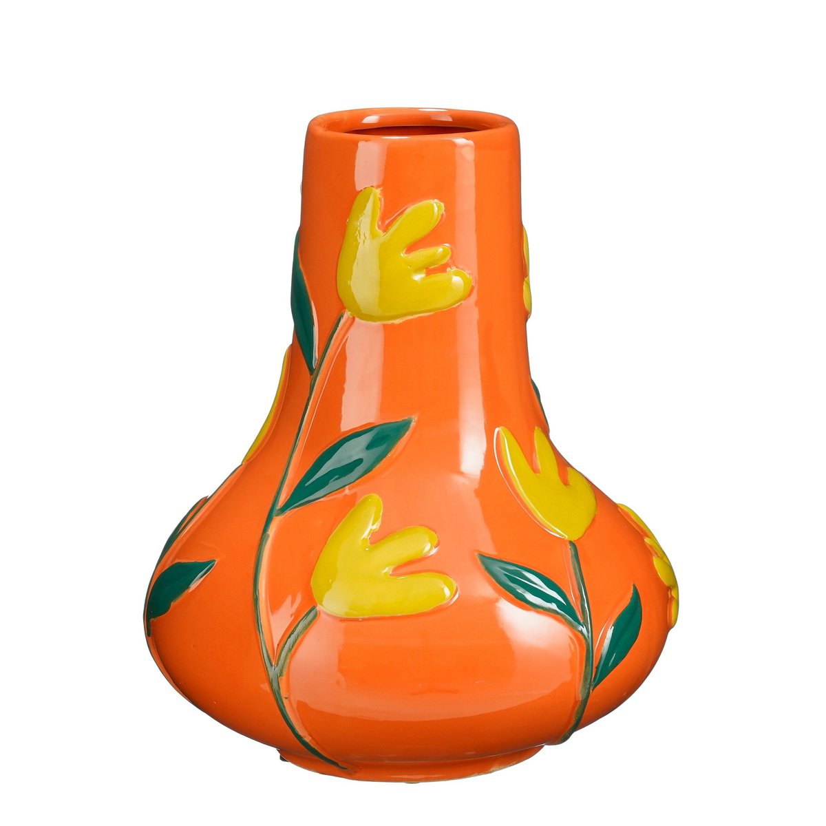 Keramieken vaas oranje met bloemmotief 30 cm Ava met gele bloemen erop geschilderd