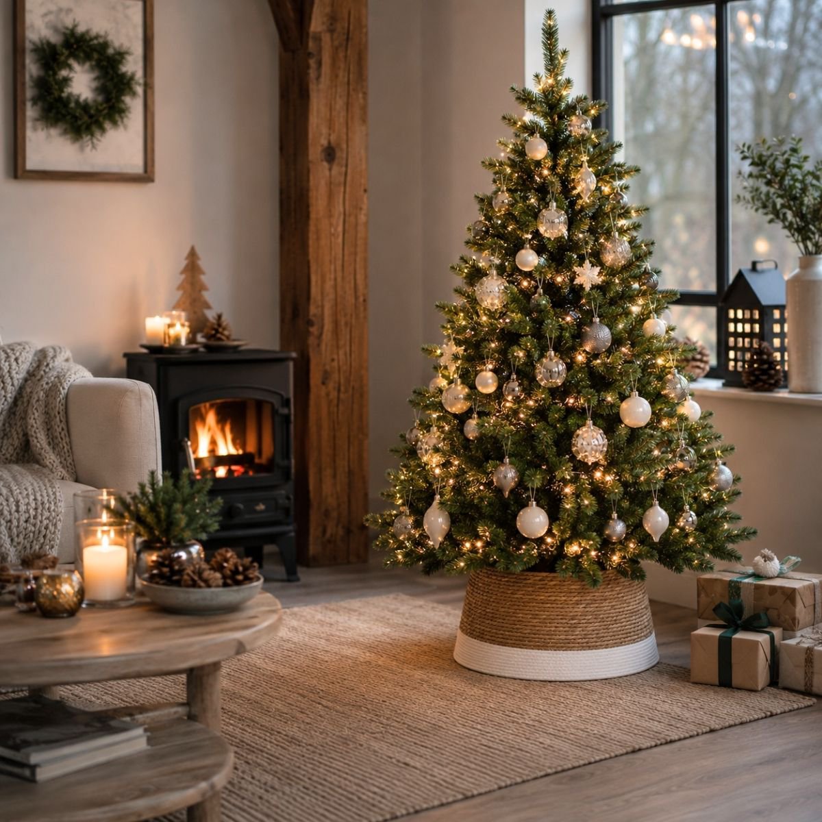 Kerstboomrok gebroken wit en bruin, gedecoreerd met witte en beige kerstballen en kerstversiering in beige woonkamer met houten kacheltje op de achtergrond en ingepakte cadeautjes.