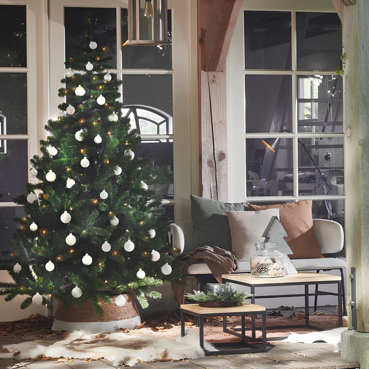 Kerstboomrok gebroken wit en bruin onder een groene kerstboom met witte decoratie in gezellige knusse kerstwoonkamer met houten accenten.