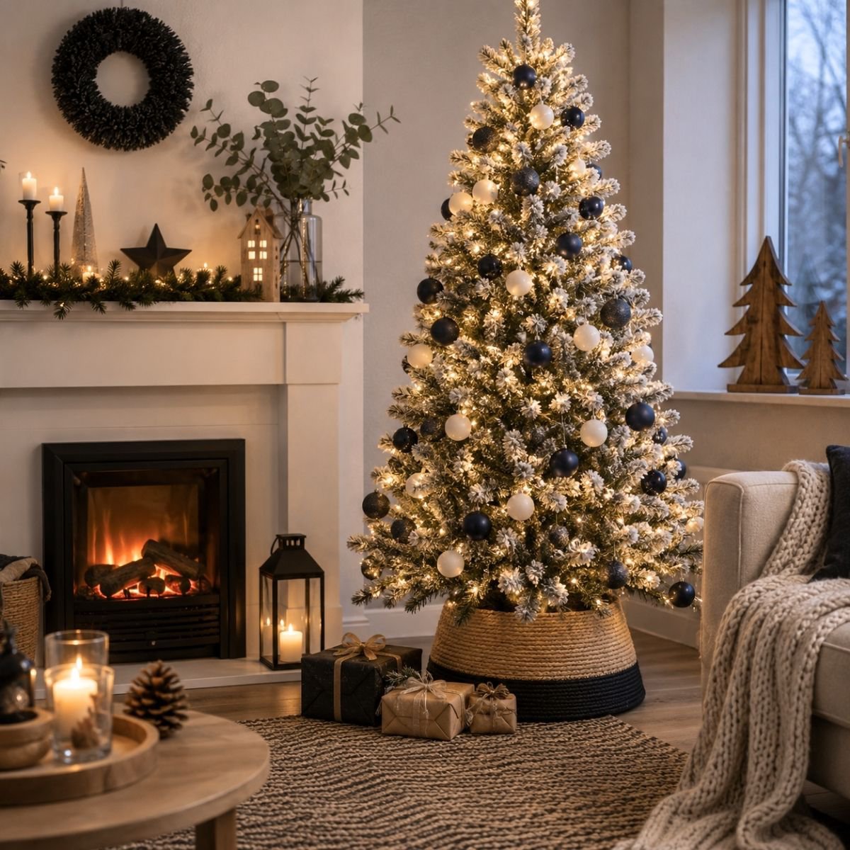 Kerstboomrok zwart en bruin met een gedecoreerde kerstboom. Onder kerstboom liggen ingepakte cadeautjes, en de rest van de woonkamer is versierd met allerlei kerstdecoratie.