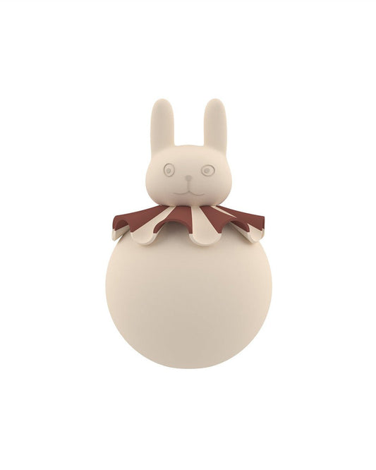 Beige siliconen nachtlamp in de vorm van een konijn met kastanjekleurige kraag, tegen witte achtergrond.