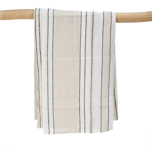 Linnen tafelkleed beige zwart wit 150x300 cm Provence over houten rek